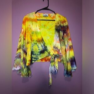 Tie-Dye Yellow Wrap Top with Bell Sleeves